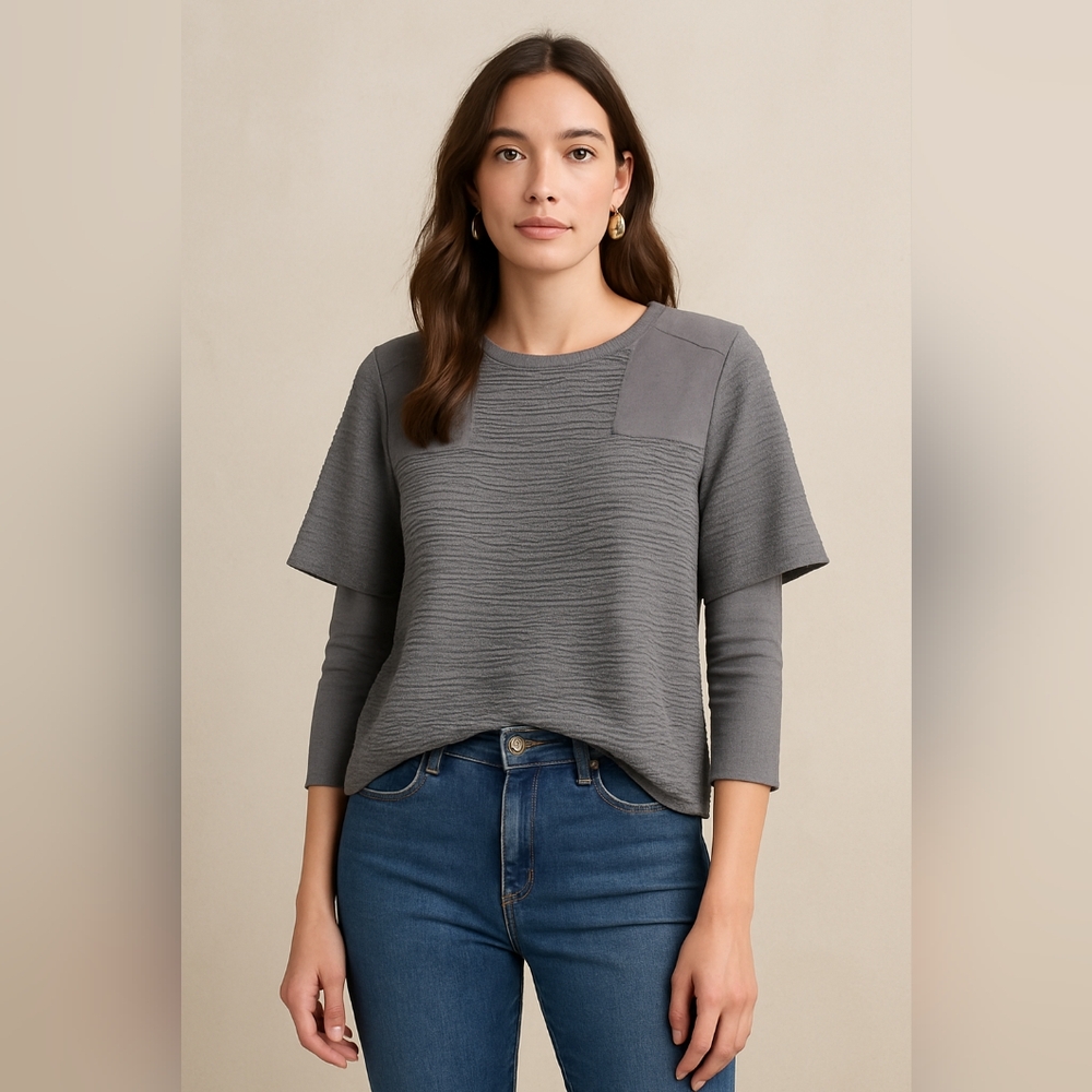 Kymerah Gray Textured Blouse Autumn Designer Business Casual Career Office Top